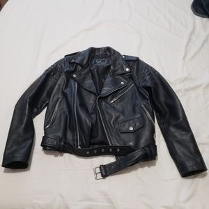 High Quality Lambskin Leather Moto Biker Jacket Black with Silver Hardware L